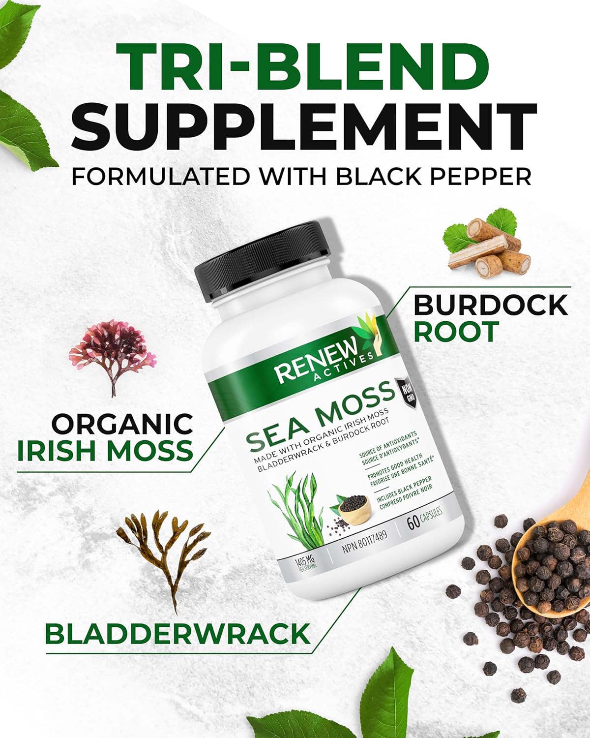 Renew Actives Sea Moss Capsules - Powerful Triple-Action Antioxidant Seamoss Pills with BioPerine®