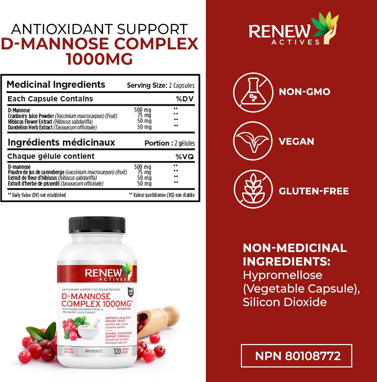Renew Actives HIGH Potency D-Mannose & Cranberry Complex 1000MG – Urinary Tract Support!
