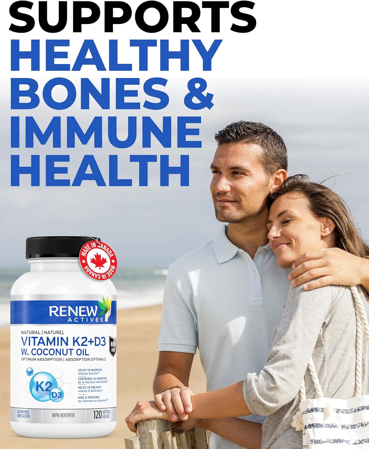 Renew Actives D3 K2 Supplement with Organic Coconut Oil - 1000 UI Vitamin D and 120 MCG of Vitamin K