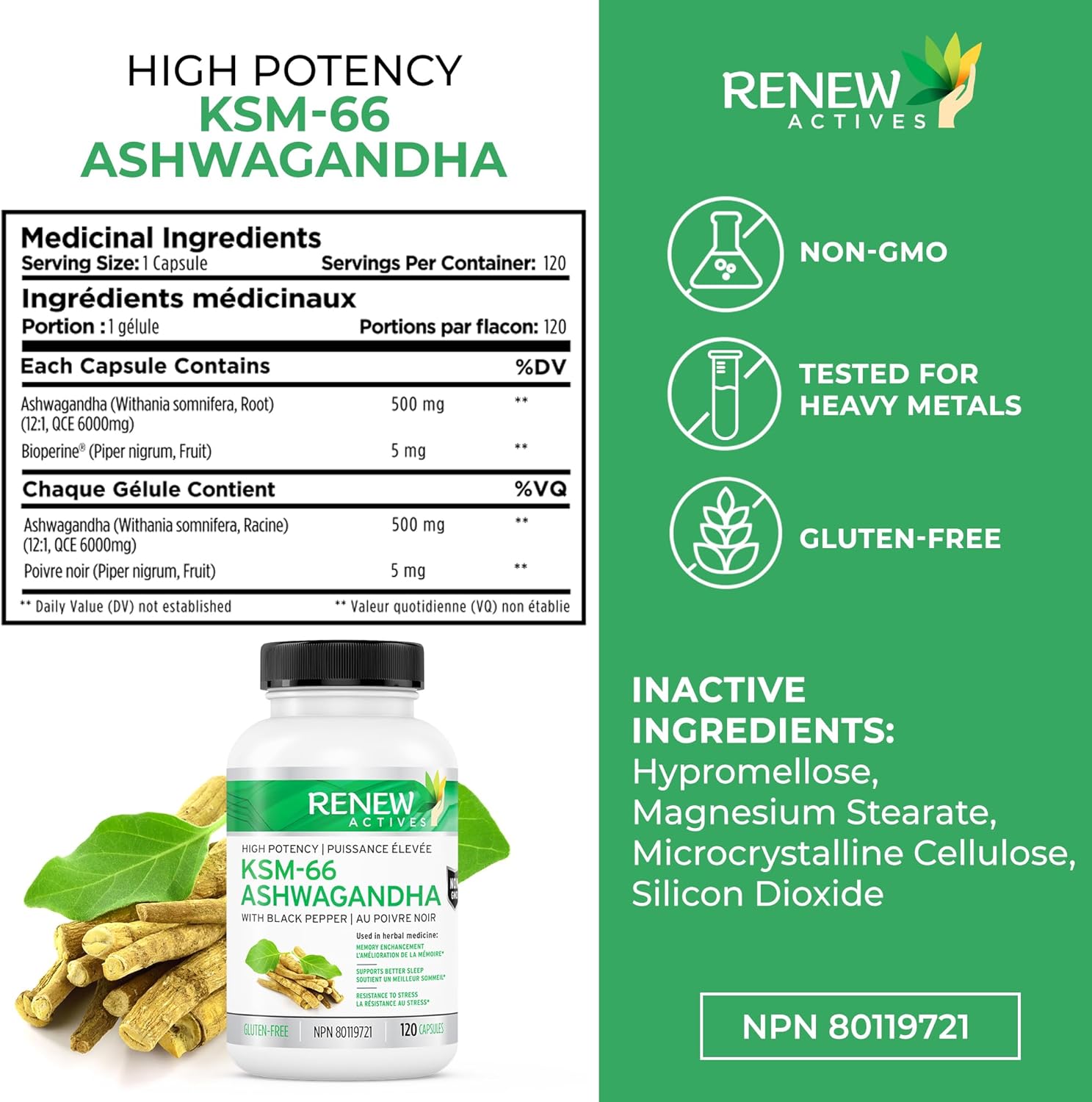 Renew Actives Ashwagandha KSM-66 Capsules - 60 Easy to Swallow Capsules