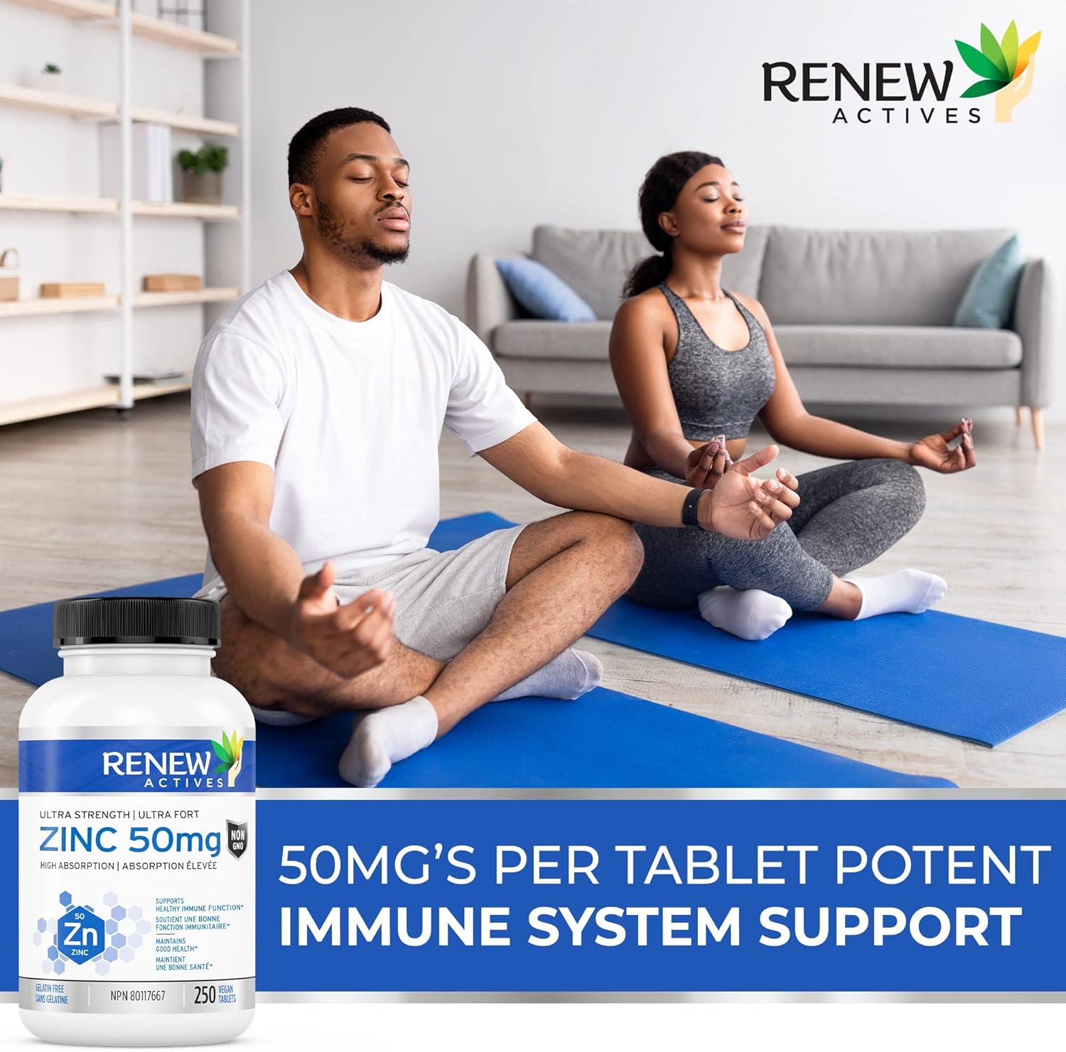 Renew Actives Zinc Supplements 50MG - for Healthy Skin, a Strong Immune System, and Enhanced Hair Growth