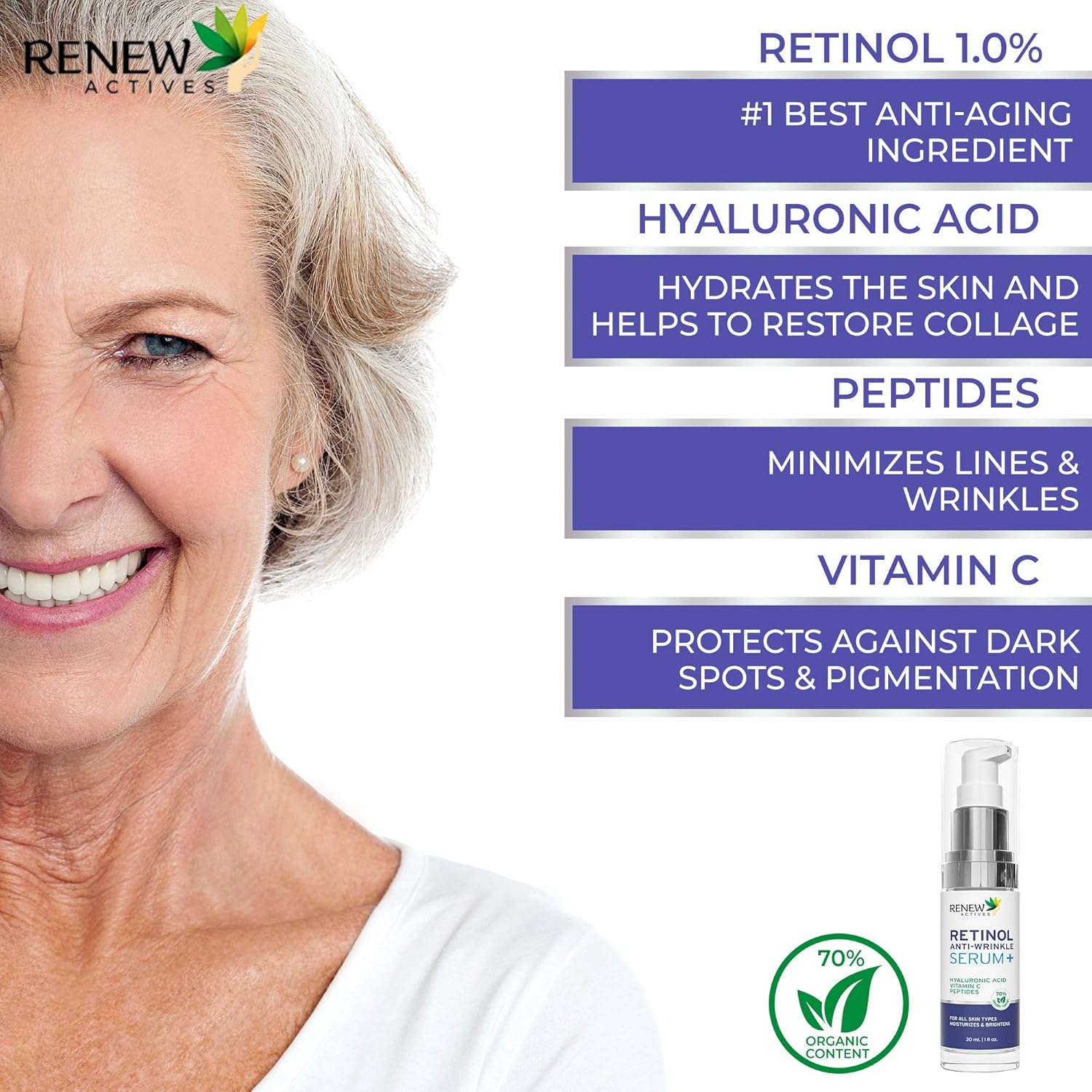 Pure 1% Retinol Serum for Face with Hyaluronic Acid & Vitamin C
