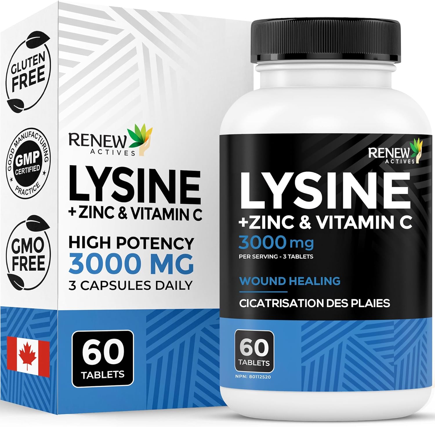 Renew Actives Maximum Strength L-Lysine 1000mg Capsules w. Zinc & Vitamin C (Rare) - Collagen for Hair, Skin & Nails