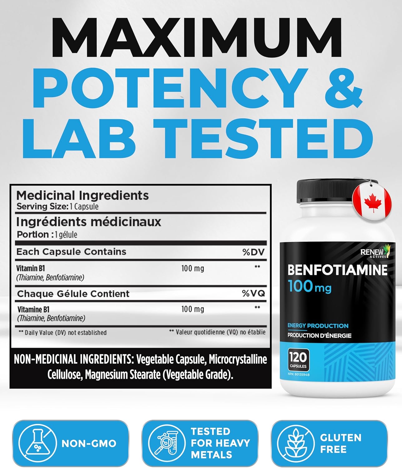Renew Actives Benfotiamine 100mg – High Absorption Vitamin B1 for Energy & Nerve Support – 120 Capsules