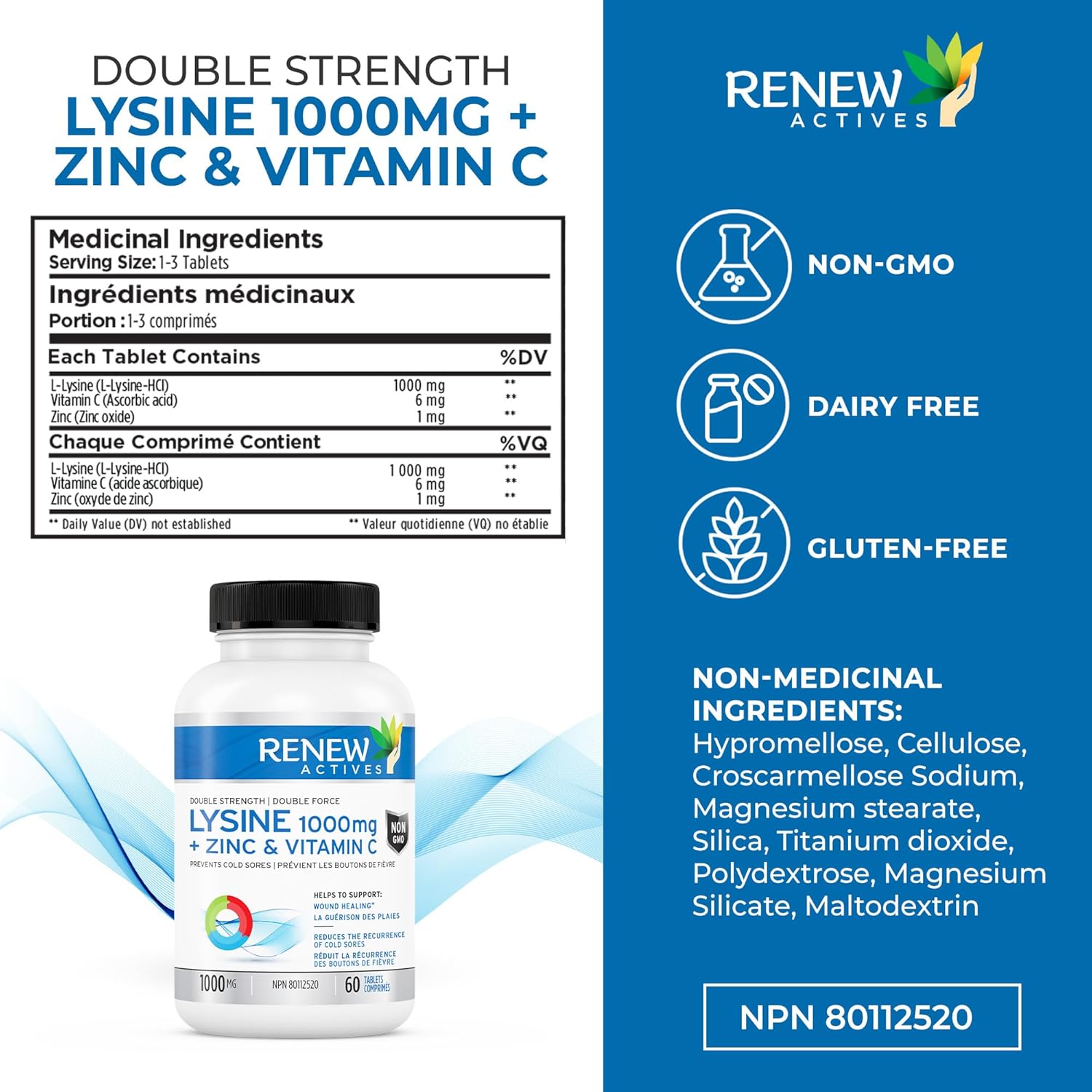 Renew Actives Maximum Strength L-Lysine 1000mg Capsules w. Zinc & Vitamin C (Rare) - Collagen for Hair, Skin & Nails