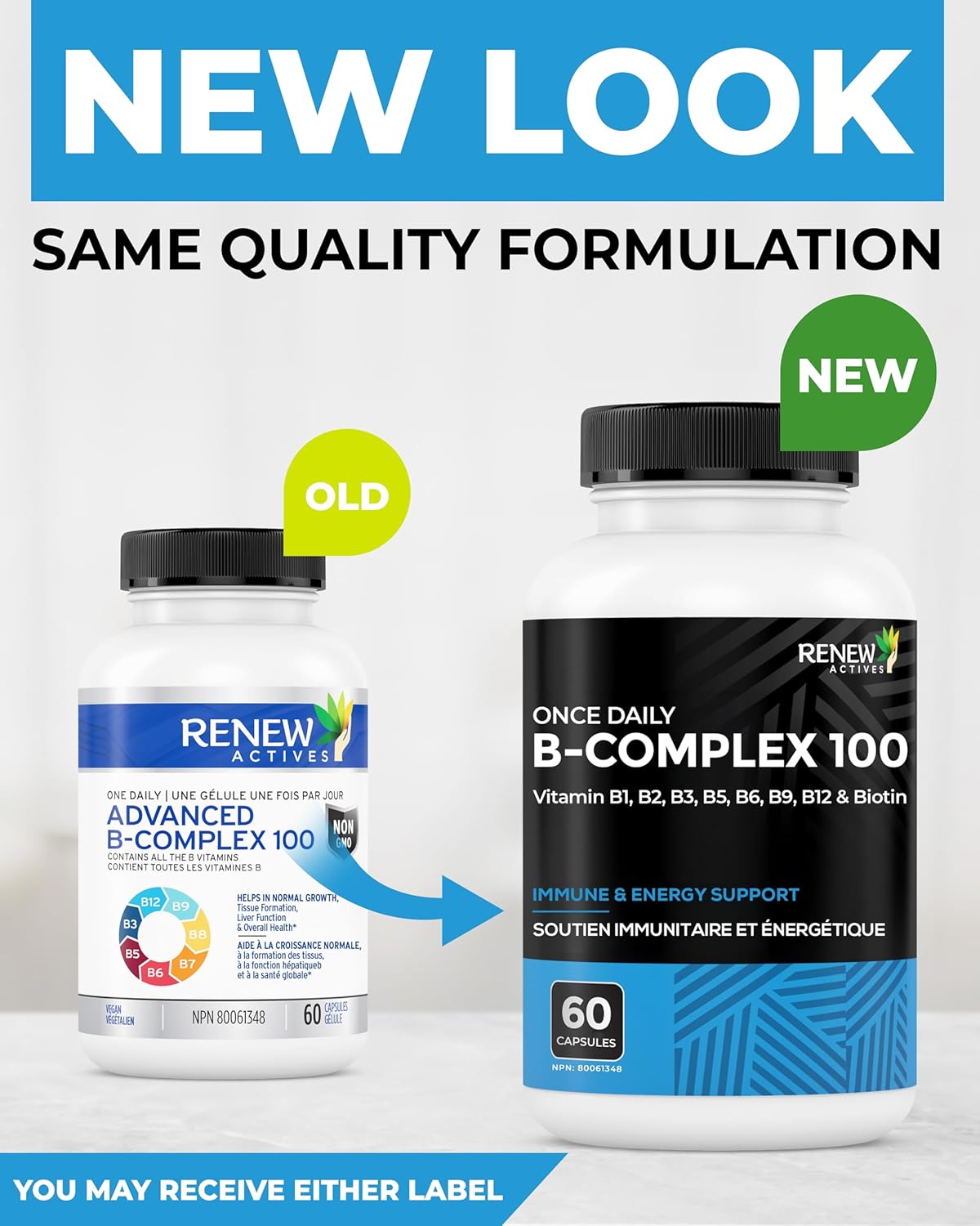Renew Actives Vitamin B Complex 100, 60 Capsule  – 100% of B1, B2, B3, B5, B-6, B-12