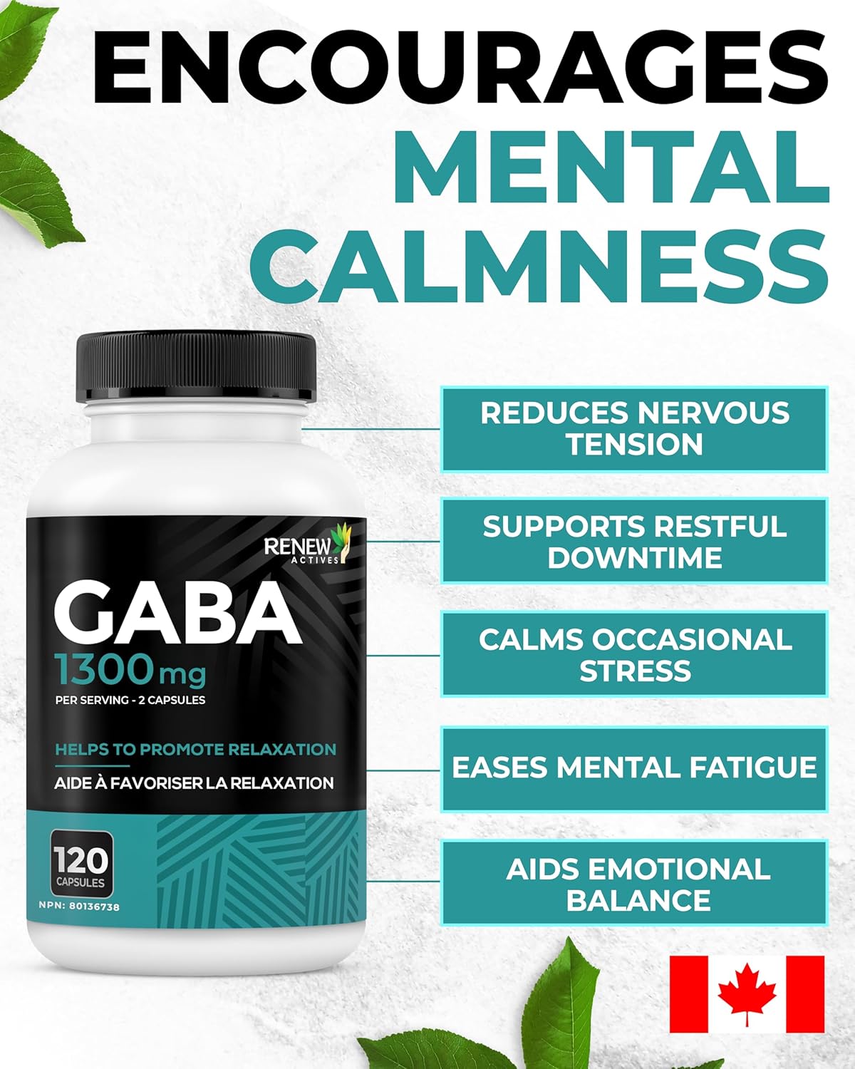 Renew Actives Gaba 1300mg – Calm, Relaxation & Sleep Support – 120 Capsules