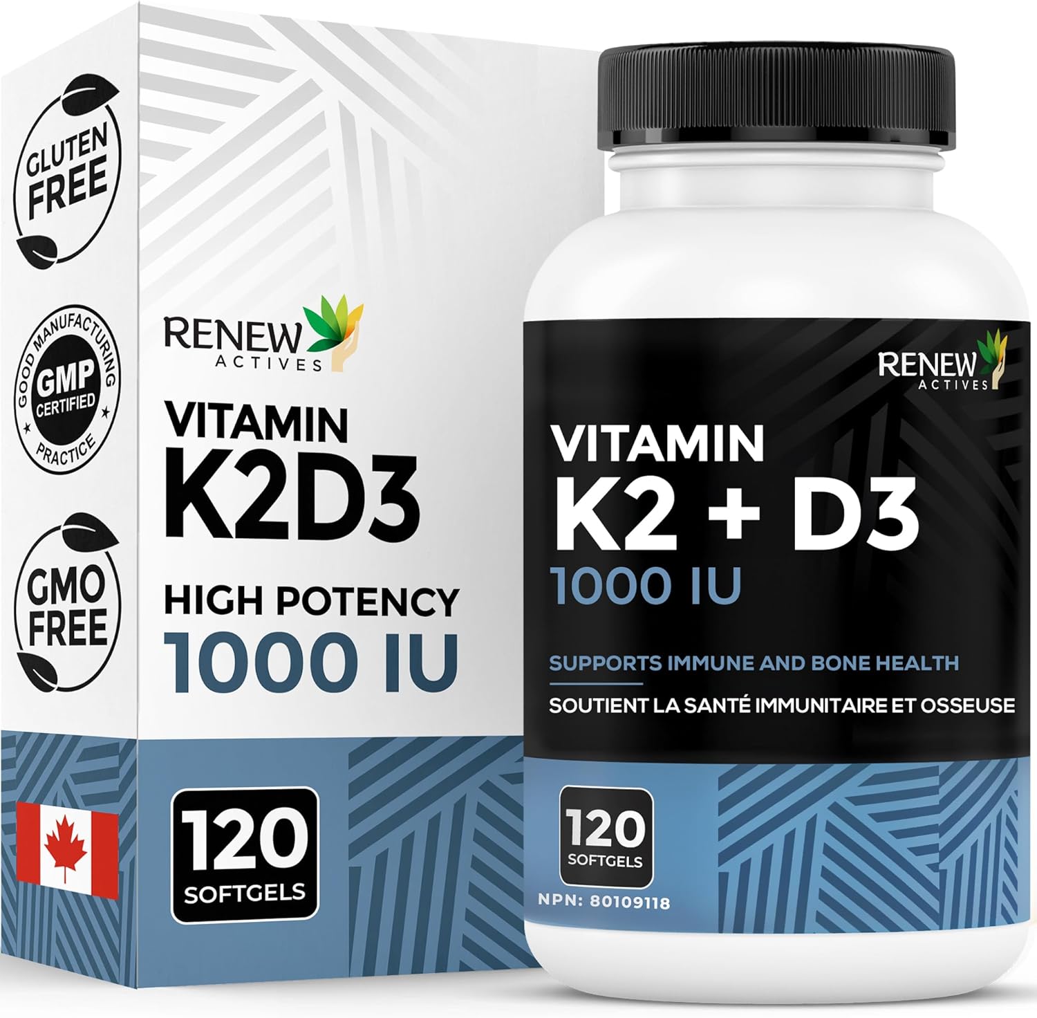 Renew Actives D3 K2 Supplement with Organic Coconut Oil - 1000 UI Vitamin D and 120 MCG of Vitamin K