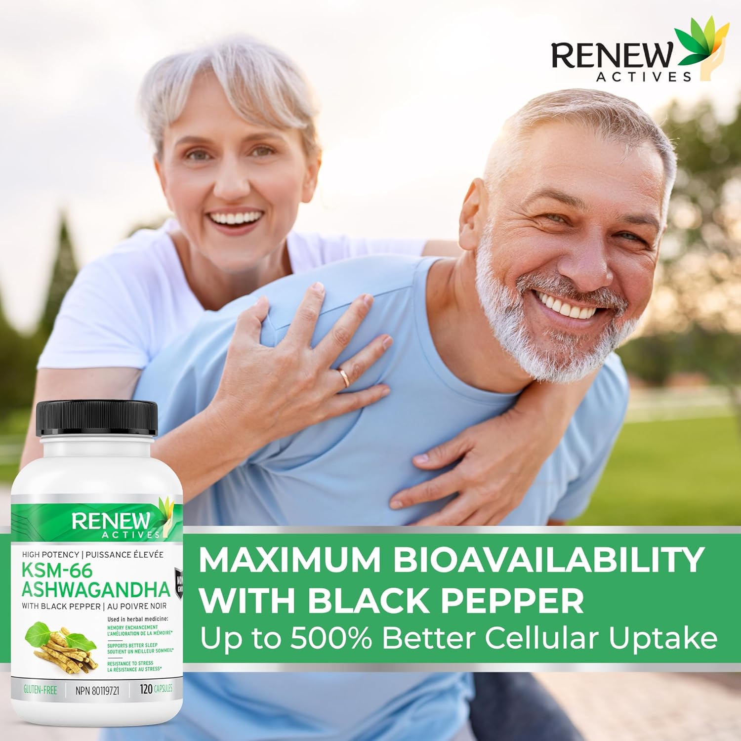 Renew Actives Ashwagandha KSM-66 Capsules - 60 Easy to Swallow Capsules