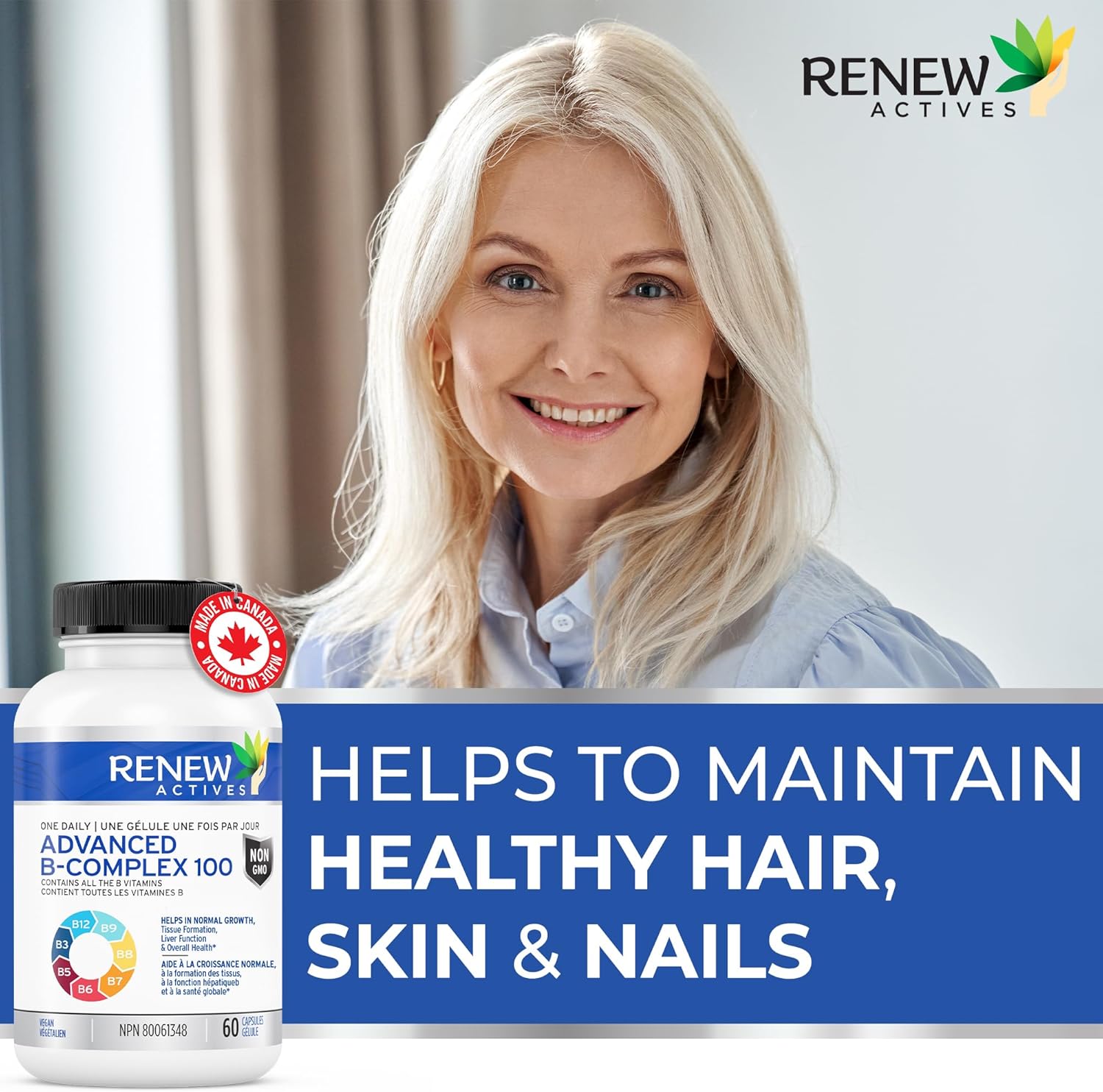 Renew Actives Vitamin B Complex 100, 60 Capsule  – 100% of B1, B2, B3, B5, B-6, B-12