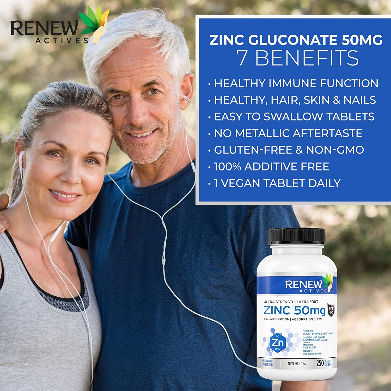 Renew Actives Zinc Supplements 50MG - for Healthy Skin, a Strong Immune System, and Enhanced Hair Growth