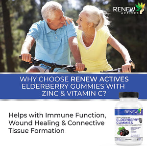 Renew Actives New Vegan Elderberry Gummies + Vitamin C & Zinc for Healthy Immune Support & Stronger Hair, Skin & Nails