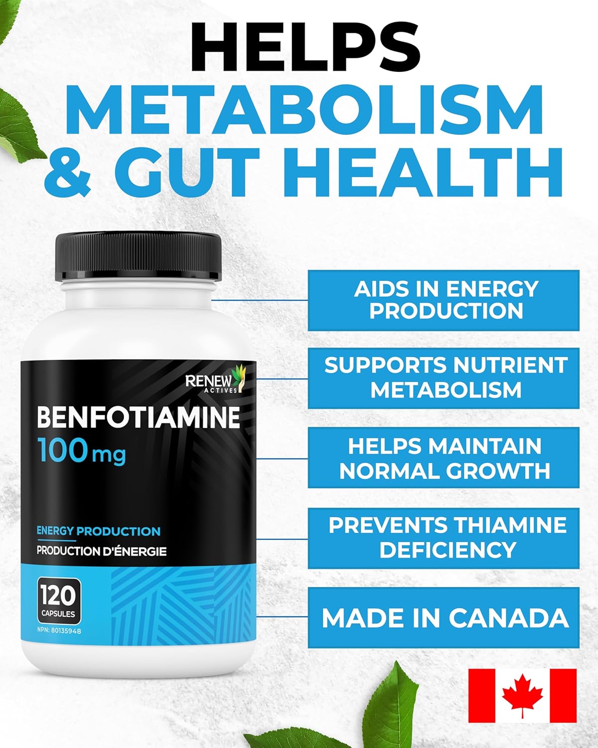 Renew Actives Benfotiamine 100mg – High Absorption Vitamin B1 for Energy & Nerve Support – 120 Capsules