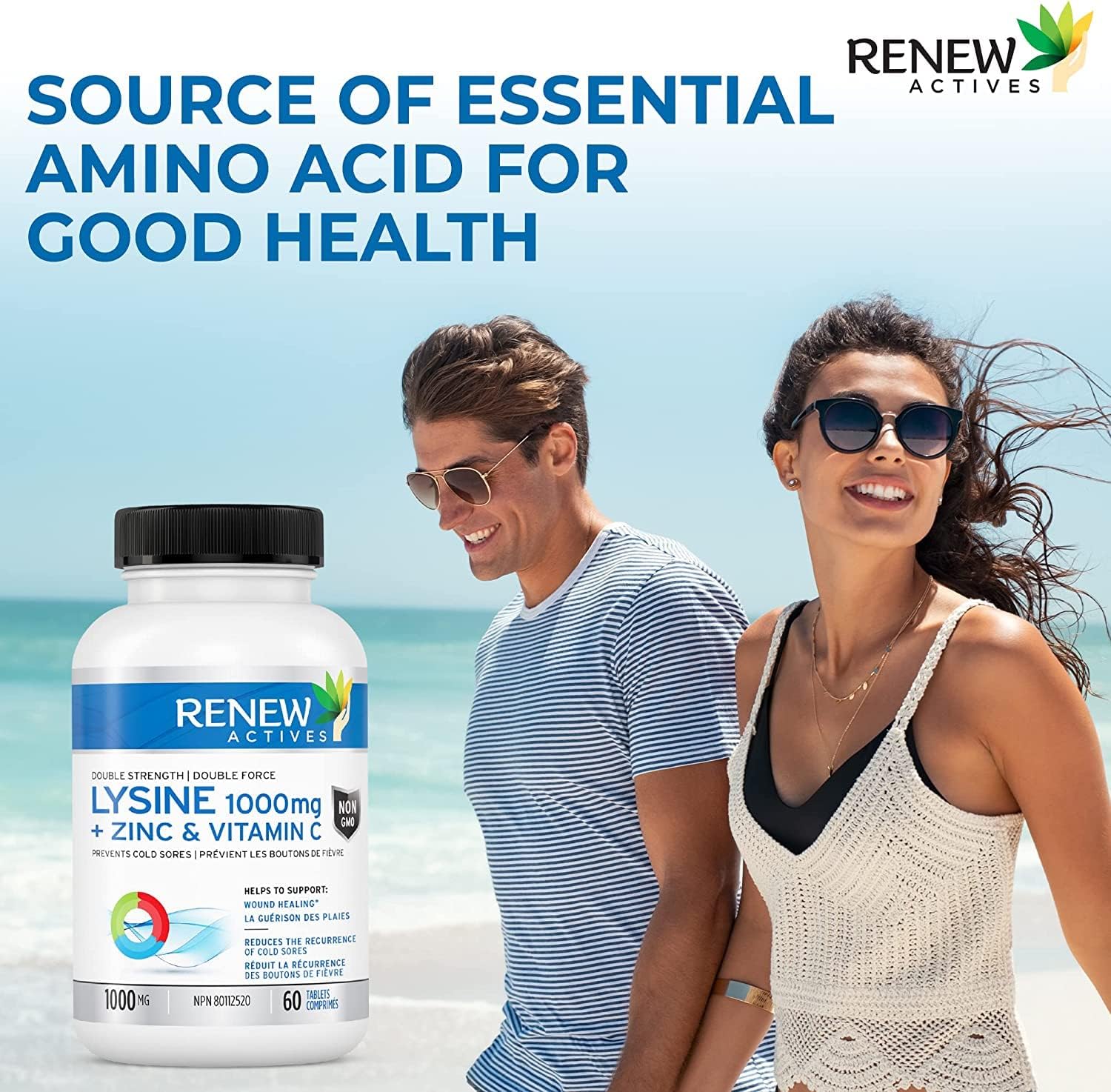 Renew Actives Maximum Strength L-Lysine 1000mg Capsules w. Zinc & Vitamin C (Rare) - Collagen for Hair, Skin & Nails