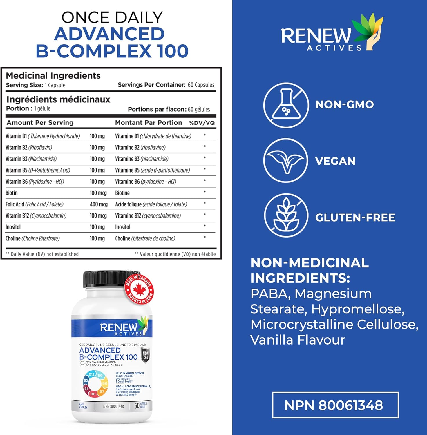 Renew Actives Vitamin B Complex 100, 60 Capsule  – 100% of B1, B2, B3, B5, B-6, B-12