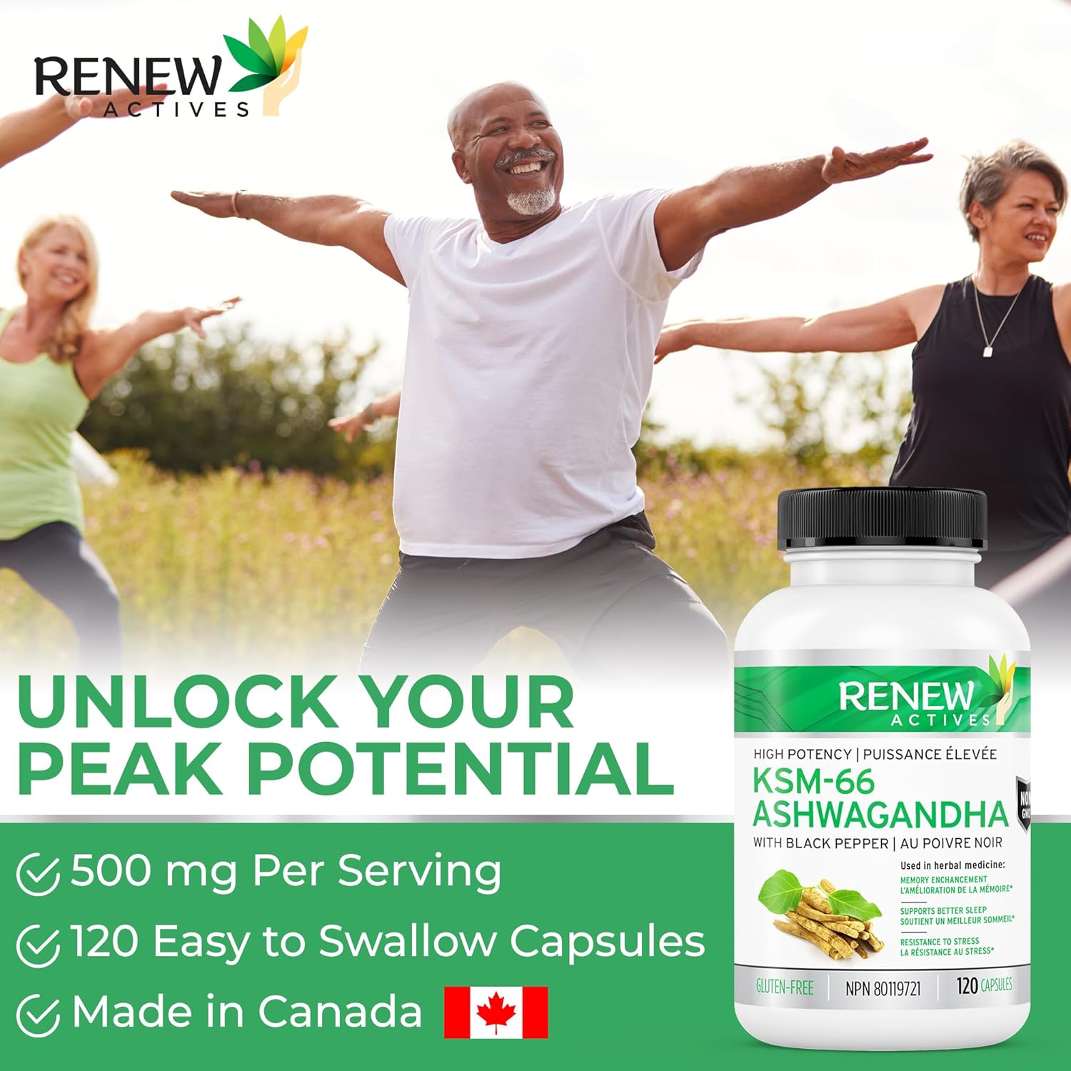 Renew Actives Ashwagandha KSM-66 Capsules - 60 Easy to Swallow Capsules