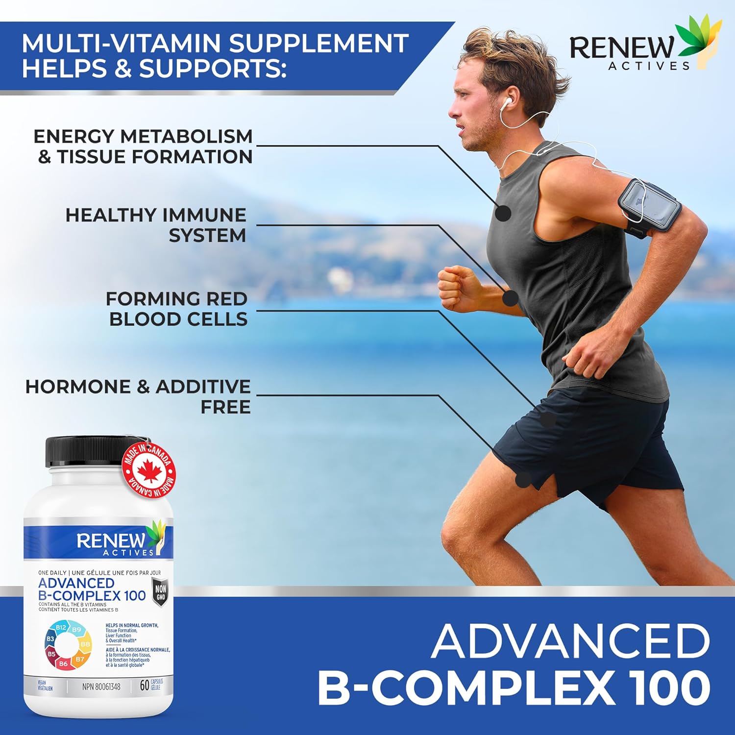 Renew Actives Vitamin B Complex 100, 60 Capsule  – 100% of B1, B2, B3, B5, B-6, B-12