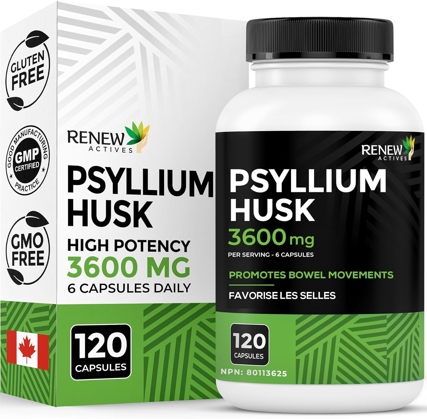Renew Actives Psyllium Husk Capsules, 600 mg, 120 Capsules, Soluble Fiber Supplement, Natural Stool Softener/Laxatives