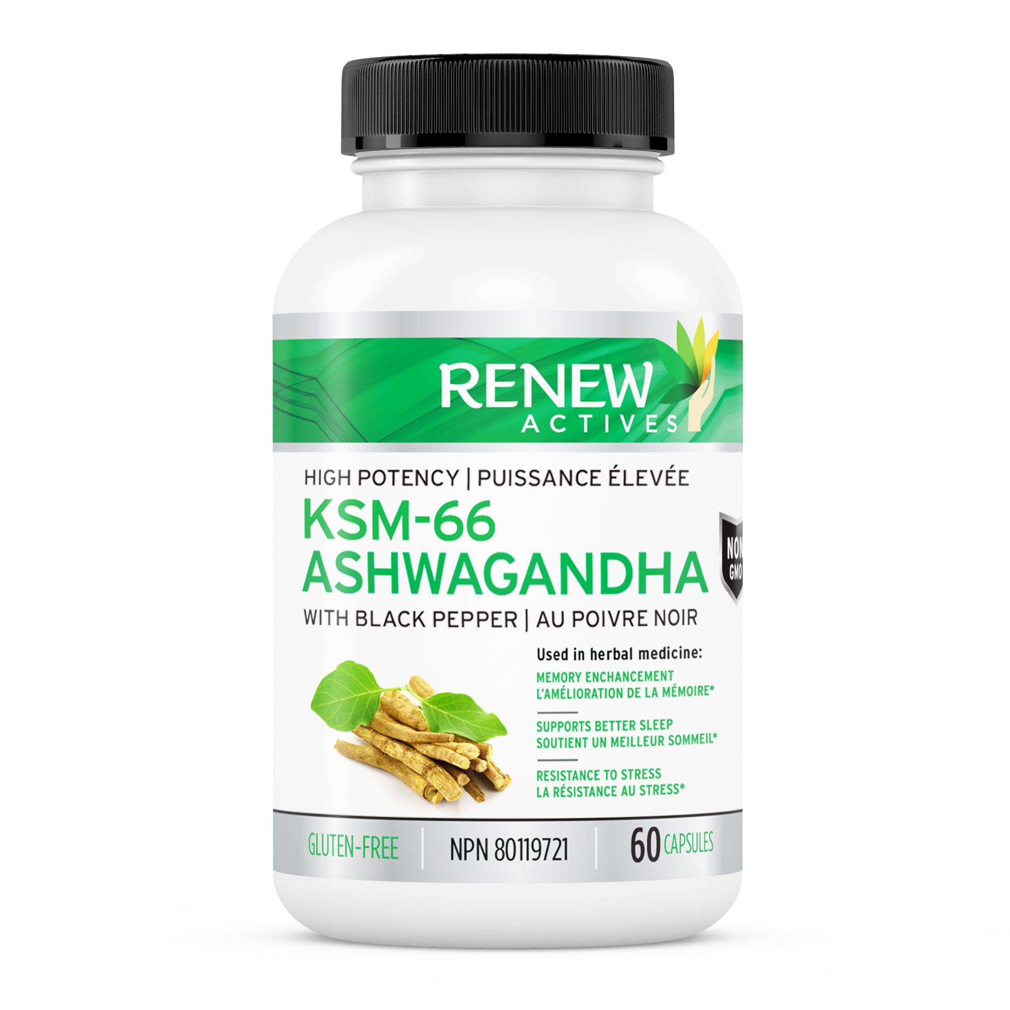 Renew Actives Ashwagandha KSM-66 Capsules - 60 Easy to Swallow Capsules