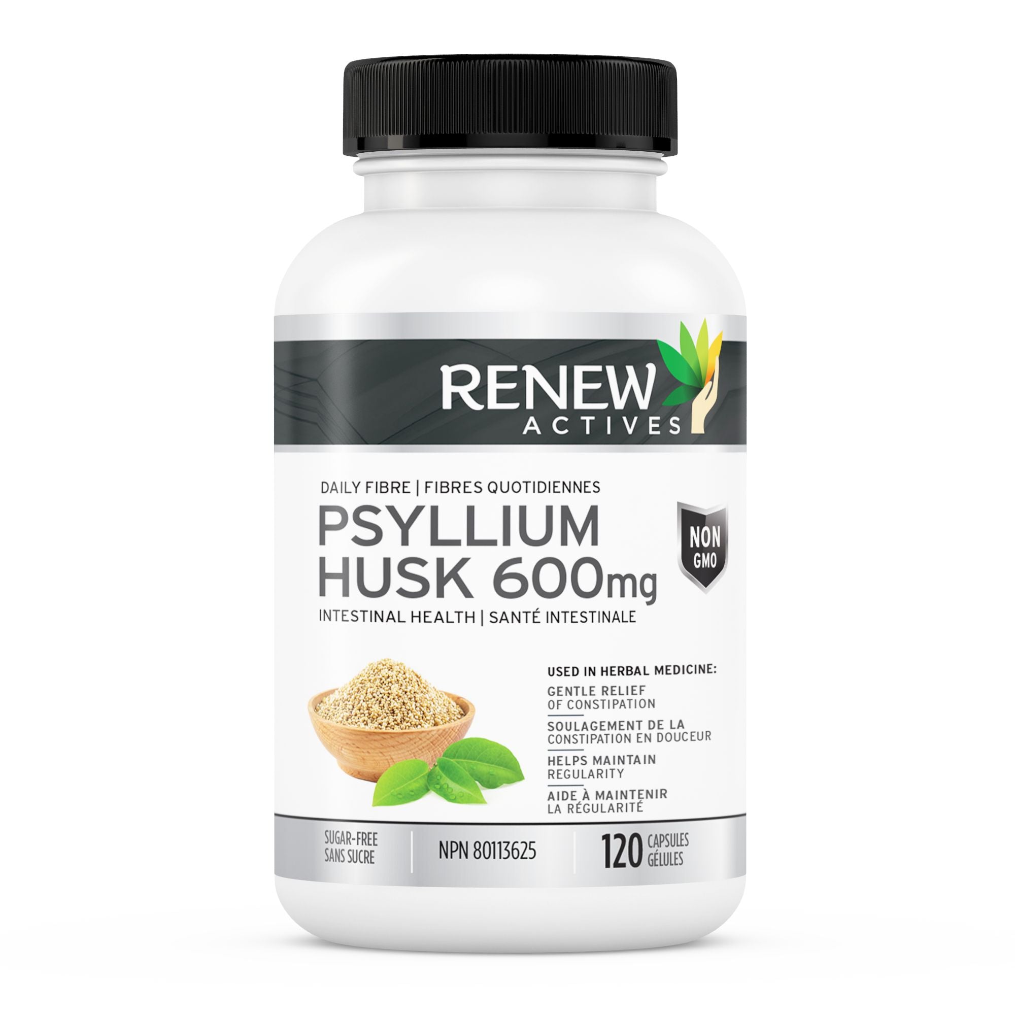 Renew Actives Psyllium Husk Capsules, 600 mg, 120 Capsules, Soluble Fiber Supplement, Natural Stool Softener/Laxatives