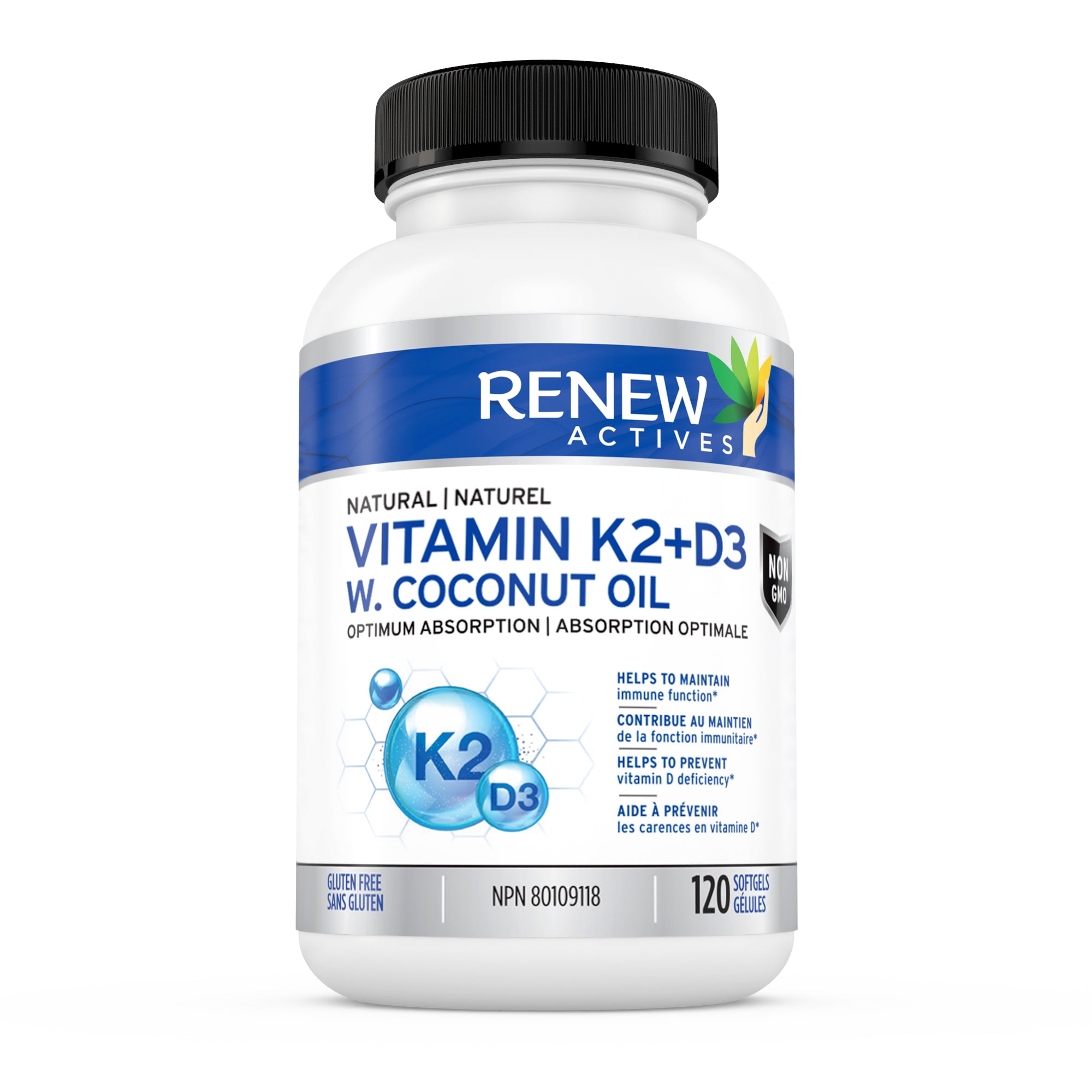 Renew Actives D3 K2 Supplement with Organic Coconut Oil - 1000 UI Vitamin D and 120 MCG of Vitamin K