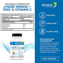 Load image into Gallery viewer, Renew Actives Maximum Strength L-Lysine 1000mg Capsules w. Zinc &amp; Vitamin C (Rare) - Collagen for Hair, Skin &amp; Nails
