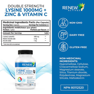 Renew Actives Maximum Strength L-Lysine 1000mg Capsules w. Zinc & Vitamin C (Rare) - Collagen for Hair, Skin & Nails