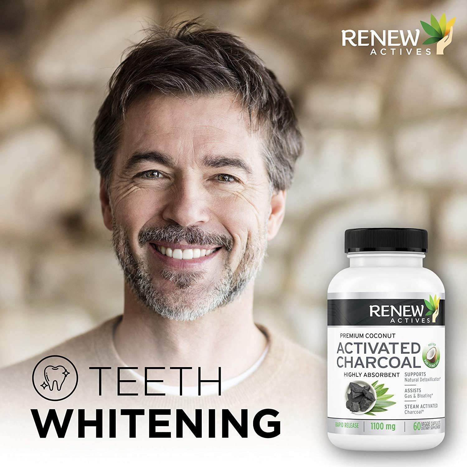 Renew Actives Activated Charcoal Capsules - 60 ct. for Digestive Support & Teeth Whitening