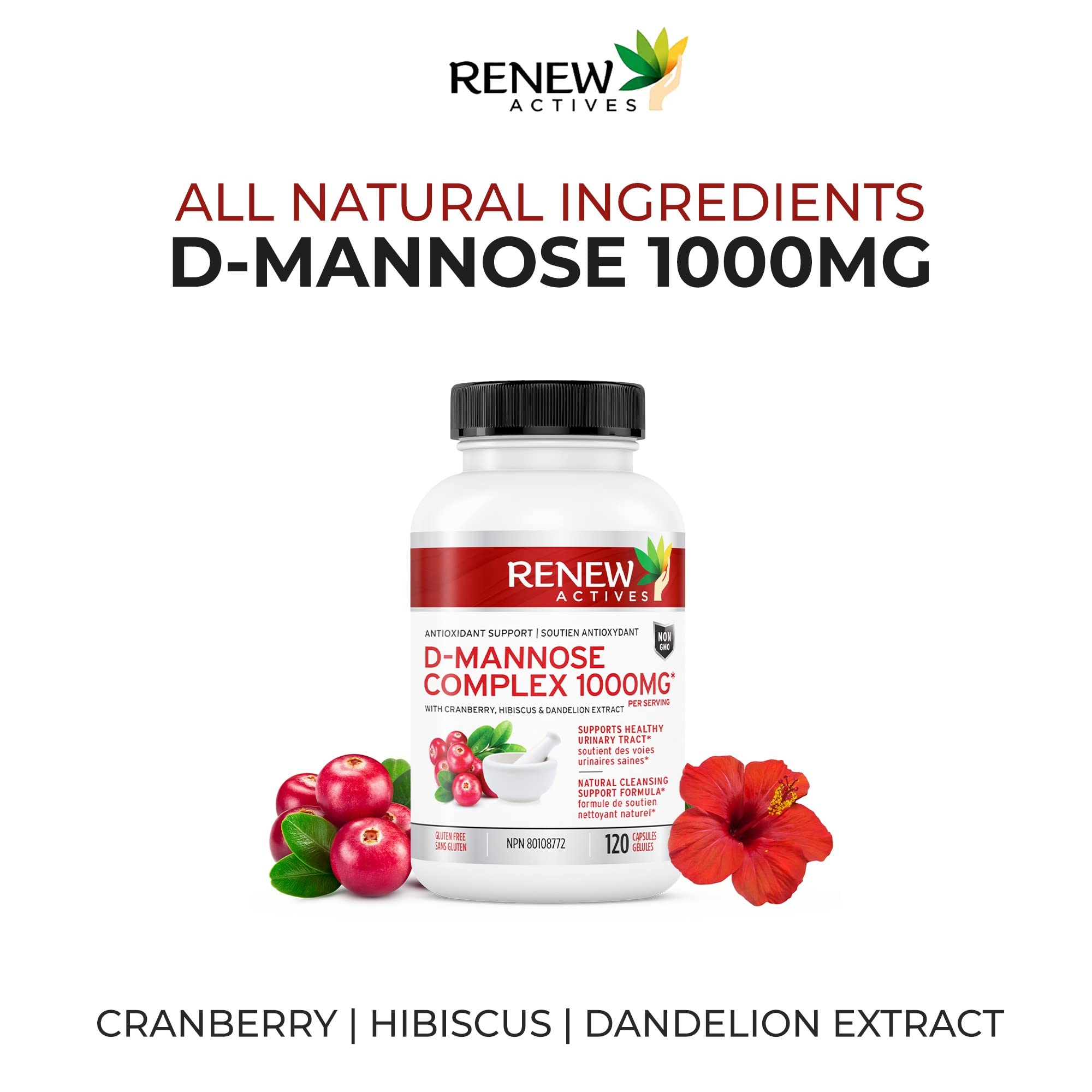 Renew Actives HIGH Potency D-Mannose & Cranberry Complex 1000MG – Urinary Tract Support!