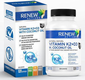Renew Actives D3 K2 Supplement with Organic Coconut Oil - 1000 UI Vitamin D and 120 MCG of Vitamin K