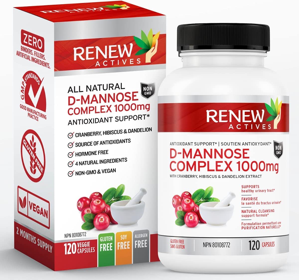 Renew Actives HIGH Potency D-Mannose & Cranberry Complex 1000MG – Urinary Tract Support!