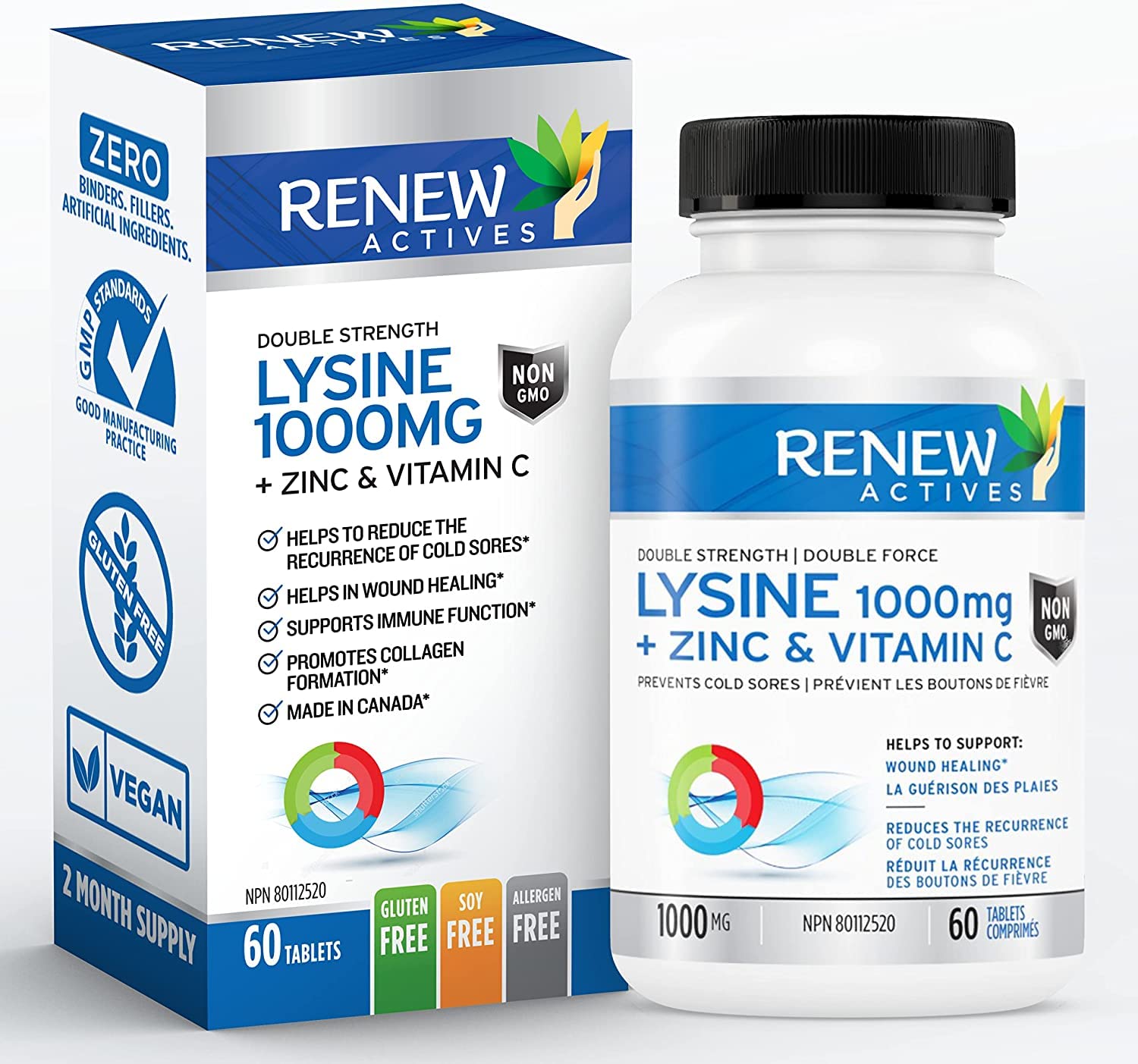 Renew Actives Maximum Strength L-Lysine 1000mg Capsules w. Zinc & Vitamin C (Rare) - Collagen for Hair, Skin & Nails