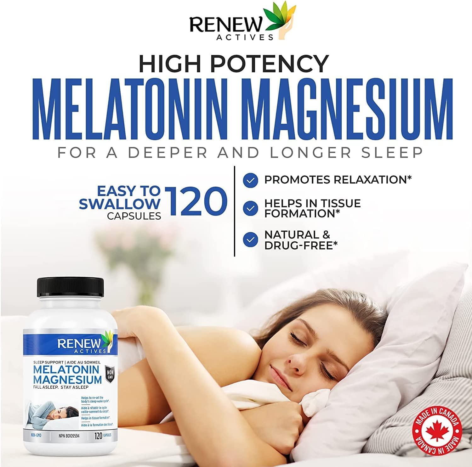 Renew Actives Melatonin with Magnesium Supplement: Magnesium Sleep Aid Vitamins with 10mg of Melatonin