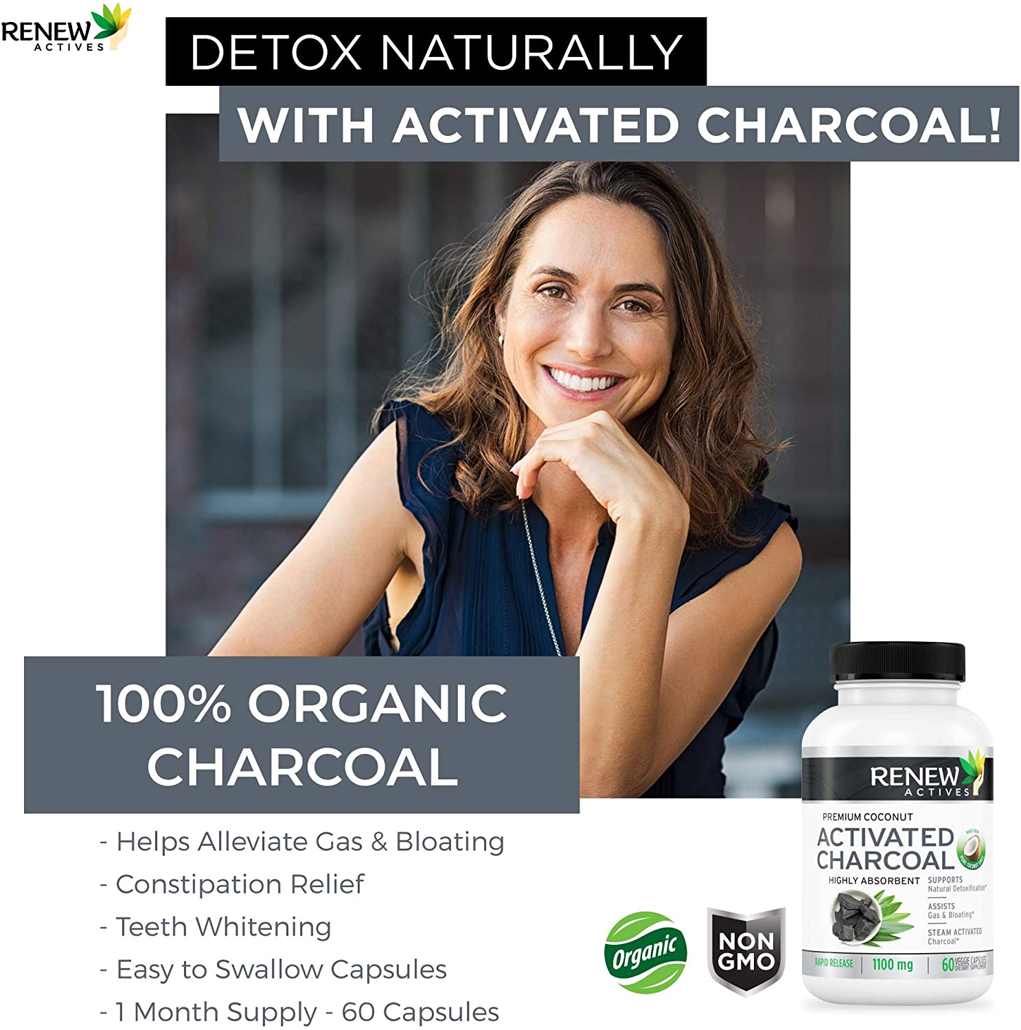 Renew Actives Activated Charcoal Capsules - 60 ct. for Digestive Support & Teeth Whitening