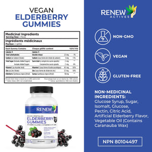 Renew Actives New Vegan Elderberry Gummies + Vitamin C & Zinc for Healthy Immune Support & Stronger Hair, Skin & Nails
