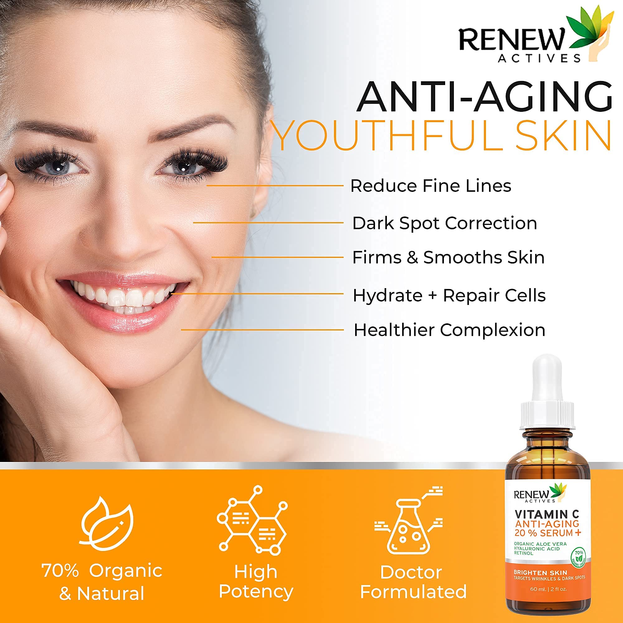 Renew Actives Vitamin C Serum – Anti-Aging Serum with Vitamin C, Hyaluronic Acid & Retinol – 2 fl oz Bottle
