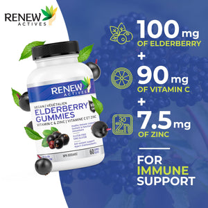 Renew Actives New Vegan Elderberry Gummies + Vitamin C & Zinc for Healthy Immune Support & Stronger Hair, Skin & Nails