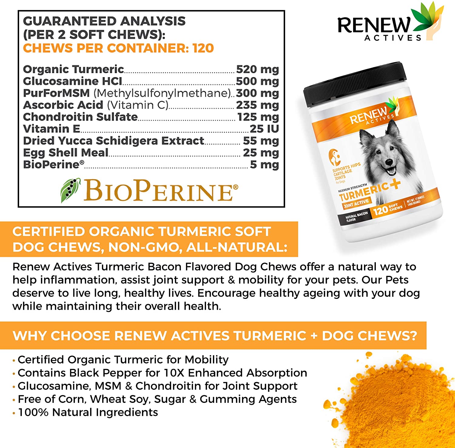 Organic Turmeric Joint Supplement for Dogs - 120 Soft Chews