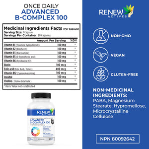 Renew Actives Vitamin B Complex 100, 60 Capsule  – 100% of B1, B2, B3, B5, B-6, B-12