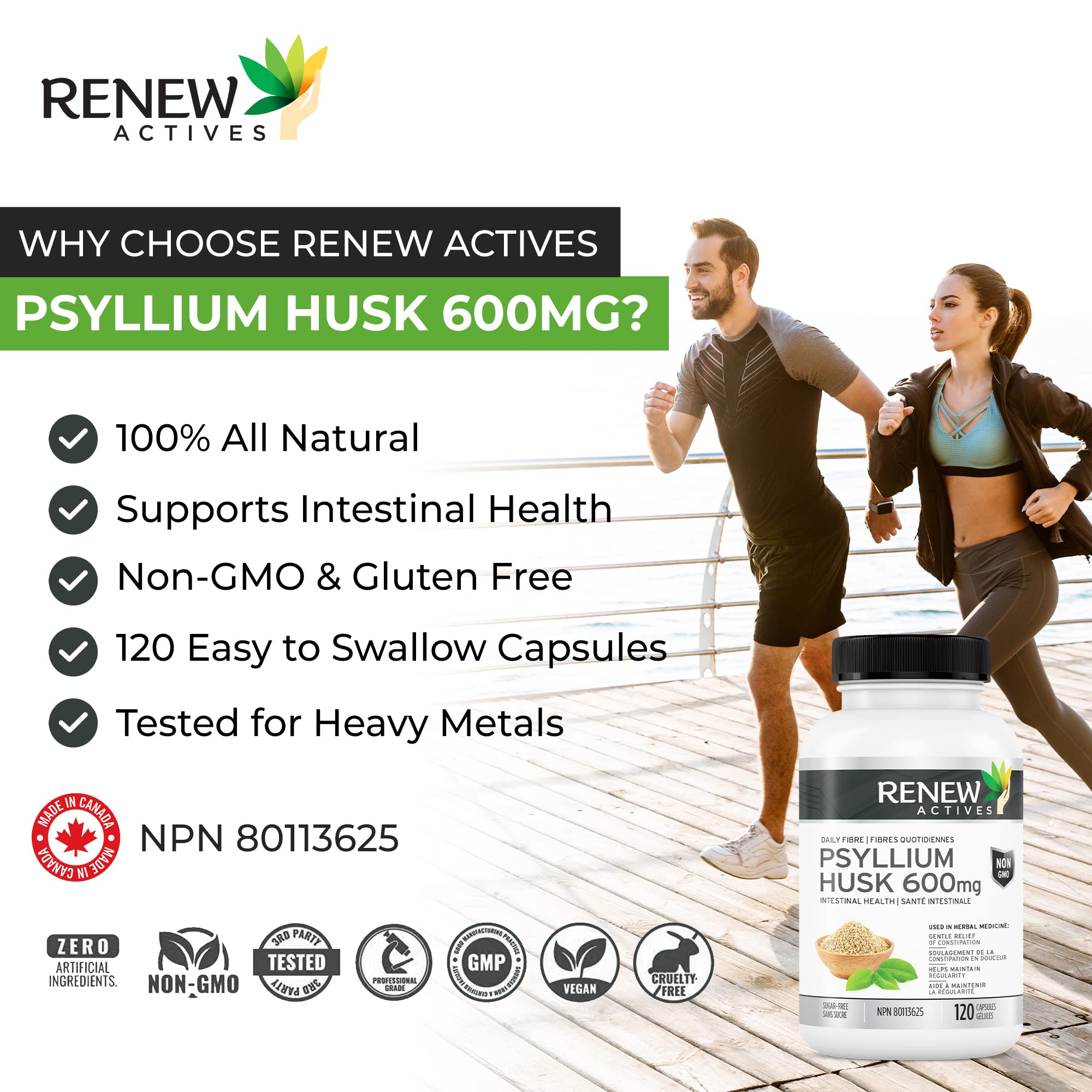 Renew Actives Psyllium Husk Capsules, 600 mg, 120 Capsules, Soluble Fiber Supplement, Natural Stool Softener/Laxatives