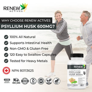 Renew Actives Psyllium Husk Capsules, 600 mg, 120 Capsules, Soluble Fiber Supplement, Natural Stool Softener/Laxatives